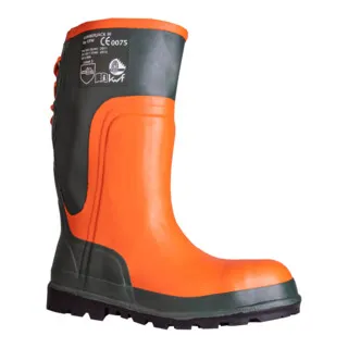 Hase Gummistiefel Lumberjack Unisex - Schnittschutzstiefel, orange, Gr. 44 - Forststiefel mit Schnittschutzklasse 3, ideal für Kettensägenarbeiten. Wasserdicht, flexibel und mit rutschhemmender Sohle für besten Tragekomfort.