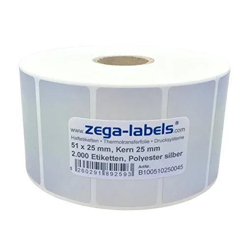 Polyester Thermotransfer Etiketten auf Rolle 51 x 25 mm aus PET Polyesterfolie silber stark haftend für Typenschilder - 2.000 Stück je Rolle - Kern: 25 mm Druckverfahren: Thermotransfer (mit Farbband)