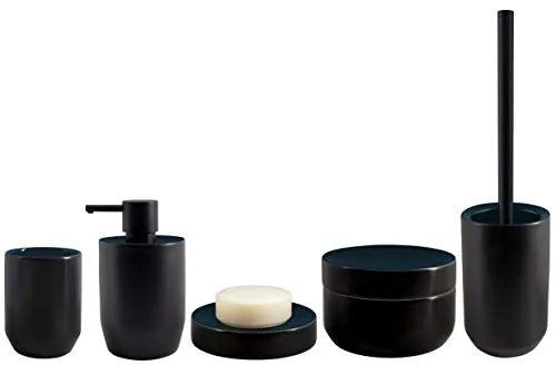 Spirella Badezimmer Set, 5-teiliges Badzubehör aus Steinzeug Jaro Seifenspender, WC Bürste, Seifenschale, Aufbewahrungsdose und Zahnputzbecher Schwarz/Petrol