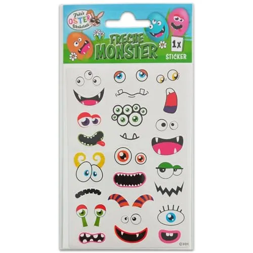 Oster Eier Sticker - freche Gesichter Aufkleber für Oster Eier Deko - Bogen 12 Motive / 12 Sticker (Freche Monster Gesichter)