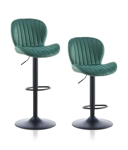 TUKAILAI Barhocker 2er Set aus Samt, Barstuhl Höhenverstellbar，360°Drehbar, Hocker mit lehne,fußstütze,metallrahmen, Gepolsterter Küchenhocker Tresenhocker, Bar Chair für Küche Bars, Grün