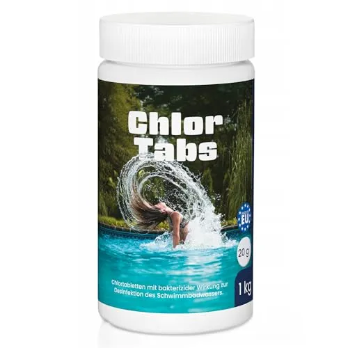 Chlor Tabletten 20g – 1kg Eimer für Pool & Whirlpool – Langsam lösliche Tabs zur Langzeitdesinfektion – Stabilisiertes Chlor gegen Bakterien & Keime