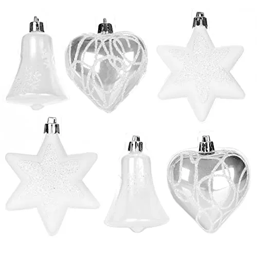 com-four® 6-teiliges Set Christbaumschmuck - Christbaumkugeln in verschiedenen Formen - Glocke, Herz und Stern zum Anhängen am Weihnachtsbaum (weiß/silberfarben)