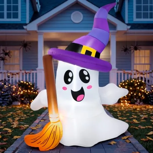 JOYIN 1,8 m hohe aufblasbare Halloween-Geister-Dekoration für draußen, süßer aufblasbarer Geist mit Besen und LED, aufblasbare Gartendekoration für Halloween im Freien, Hof, Garten, Rasen, Party-Dekor
