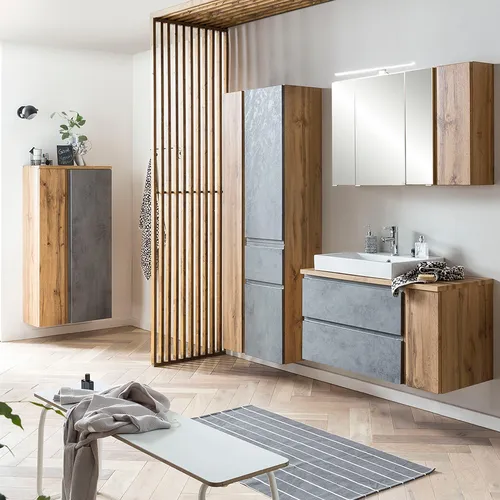 VASTO-03-CONCRETE Badezimmer Möbel Set mit Keramik-Aufsatzbecken und LED-Beleuchtung