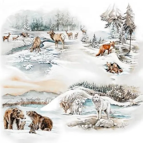 Servietten Winter Wintertiere mit Familie als Tischdeko. Papierservietten mit Motiv für Weihnachten Fuchs Wolf Hirsch Bär. Auch für Decoupage und Serviettentechnik 33x33cm 20