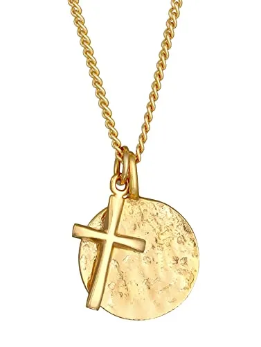 Kuzzoi Herren Silber Halskette mit Coin Anhänger und Kreuz - Ketten für Herren: Edle 925 Sterling Silber Kette mit strukturiertem Plättchen und poliertem Kreuz-Anhänger, Länge 60 cm, ideal als modisches Accessoire oder Geschenk.