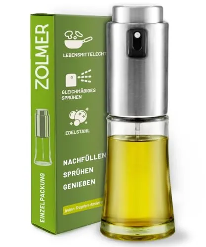 ZOLMER® Ölsprüher für Speiseöl – ölspray für heißluftfritteuse, Küche, Kochen & Grill – öl sprühflasche glas und Edelstahl – BPA-frei, nachfüllbar, fein sprühend
