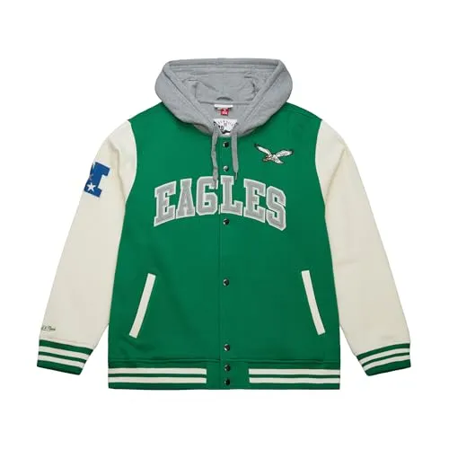 Mitchell & Ness Courtside Fleece NFL Vintage College Jacke - Philadelphia Eagles, Größe L - Hochwertige NFL Vintage College Jacke mit Kapuze, warmem Fleecefutter und praktischen Details. Ideal für Alltag und Sport, vielseitig kombinierbar für jede Jahreszeit.