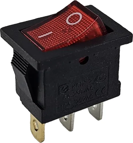 Rote Mini Wippschalter 19 x 13 mm, 6 A, 250 V 3 Pin, Wippe rot beleuchtet