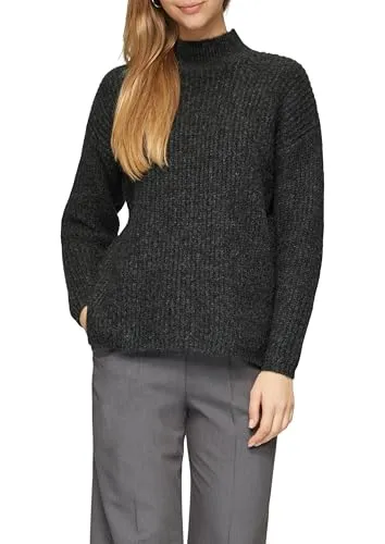 QS Damen 2153349 Pullover, Grau/Schwarz - Bequemer Oversize Stil - Pullover für Damen mit Stehkragen und seitlichem Schlitz, ideal für lässige Outfits und höchsten Tragekomfort.