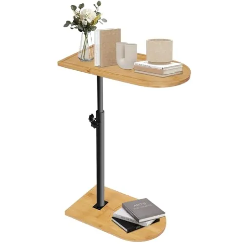 Beistelltisch C Form Höhenverstellbar Kleiner Tisch Bambusholz und Metall Couchtisch Sofatisch Kaffeetisch Side Table Sofa Table Betttisch für Wohnzimmer Bad Bett Sofa und Kaffee