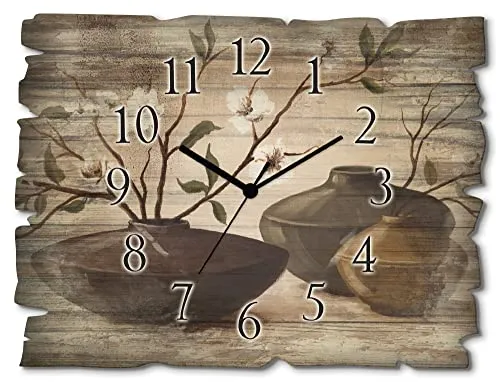 ARTLAND Wanddeko Wanduhr ohne Tickgeräusche aus Holz Funk Uhr lautlos Rechteckig 40x30 cm Stillleben Vasen Töpfe Pflanzen AST Kirschblüten Japan Vintage A3NP