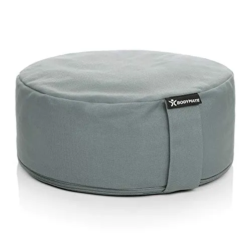 BODYMATE Yogakissen rund 31cm Durchmesser 13cm hoch COOL GREY mit Buchweizen-Spelz Füllung – Maschinenwaschbarer Bezug aus 100% extra dicker Baumwolle – Meditationskissen – Sitzkissen