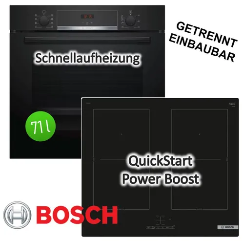 Bosch Herdset mit EcoClean Backofen und Induktionskochfeld - Autarkes 60 cm Herdset mit 4 Induktionsplatten und 71 Liter Backofen. Pflegeleicht mit Digitalanzeige und Timer für effizientes Kochen.