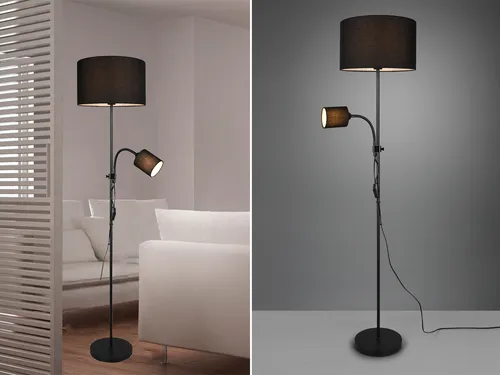 LED Stehlampe mit Leselampe – Elegante Schwarz für Wohnzimmer - Vielseitige LED Stehlampe mit klassischem Stoffschirm und flexiblem Lesearm. Ideal für gemütliches Licht im Wohnbereich oder als Leselampe in Leseecken. Inklusive energiesparenden LEDs für angenehmes Licht.
