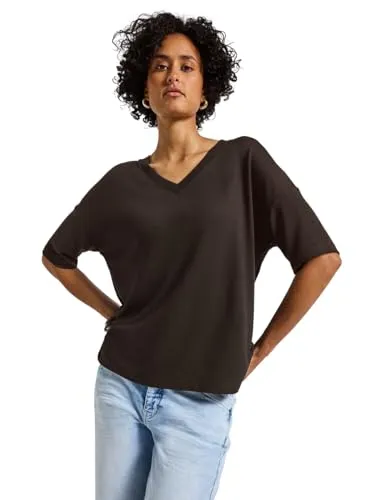 STREET ONE Langarmshirt - V-Ausschnitt Kurzarmshirt in Strickoptik - Shirts in Unifarbe, aus 84% Viskose für hohen Tragekomfort, pflegeleicht und ideal für den Alltag.