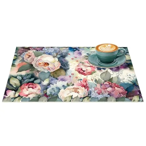 Platzset Tischset abwaschbar PVC Platzdeckchen rutschfest Tischuntersetzer Hitzebeständig Esstisch waschbar für drinnen & draußen Patchwork Rosen 30x45cm