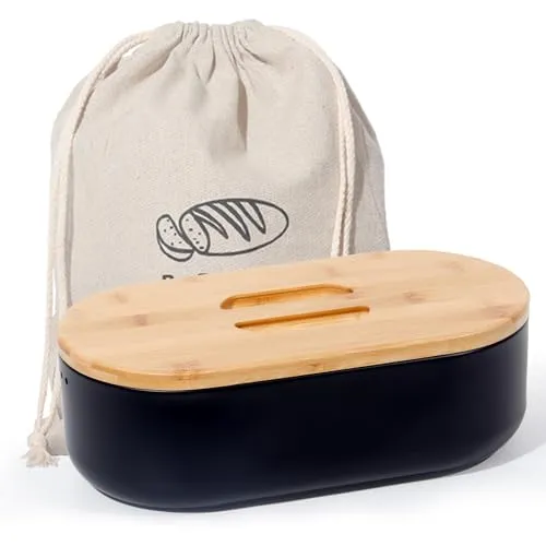 SYLANDO Brotkasten mit Großer Kapazität, Hochwertige Metall Brotbox, Die Aufbewahrung für noch länger frisches Brot, Deckel aus Ökologisches Bambus (Klein-Schwarz-33,5 * 18 * 11,3CM)