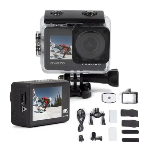 PRIXTON Action-Kamera DV670 Multisport | Sportkamera mit 4K-Auflösung, Doppelbildschirm, WLAN und Mobile App, Optischer Stabilisator