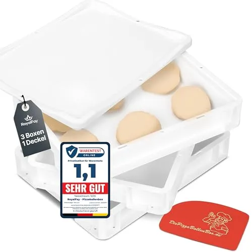 RoyalFay® Pizzaballenbox 3er Set – Made in Germany – Gärbox 30x40x8 cm mit 1 Deckel – lebensmittelechte & BPA-freie Teigbox für Pizzateigballen – stapelbar & robust – (weiß)