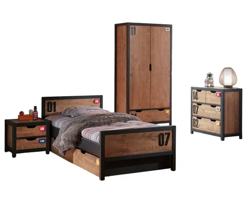 aufm Kessel Jugendzimmer-Set Kameko 7 - Massivholz und MDF in Schwarz/Cognac - Komplettes Jugendzimmer-Set mit Einzelbett, Kleiderschrank und Kommode. Hochwertige Verarbeitung aus massivem Kiefernholz und MDF, ideal für eine stilvolle und funktionale Einrichtung.