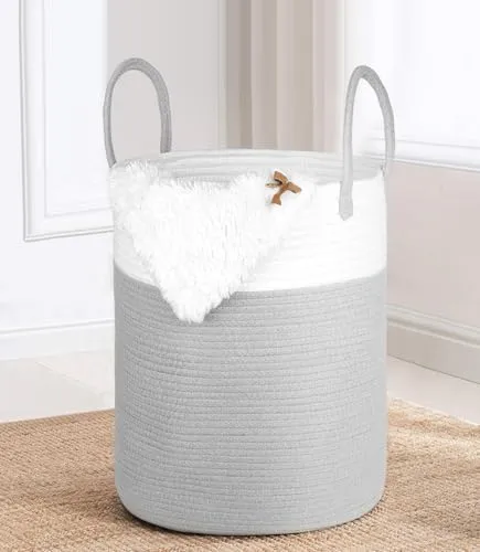 VORHOT Wäschekorb Geflochten aus Baumwolle, 66L Wäschesammler mit Henkel, Laundry Baskets Aufbewahrungskorb für Decken Spielzeug, Korb Wäsche Organizer für Wäschekammer Kinderzimmer Bad, 38x46cm
