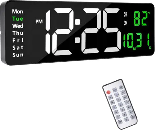 Morwealth 16'' Wanduhr Digitale Groß mit Fernbedienung,LED wanduhr digital Funk mit Display,Uhr,Timing und Countdown mit Datum/Woche/Temperatur für Schlafzimmer,Wohnzimmer,Büro (Grün)