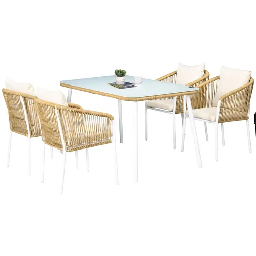 Outsunny Polyrattan Sitzgruppe - 140Lx80Wx74Hcm - Gelb - Gartenliegen: Stilvolle fünfteilige Rattan Sitzgruppe mit platzsparenden, stapelbaren Stühlen und elegantem Glastisch für unvergessliche Momente im Freien.