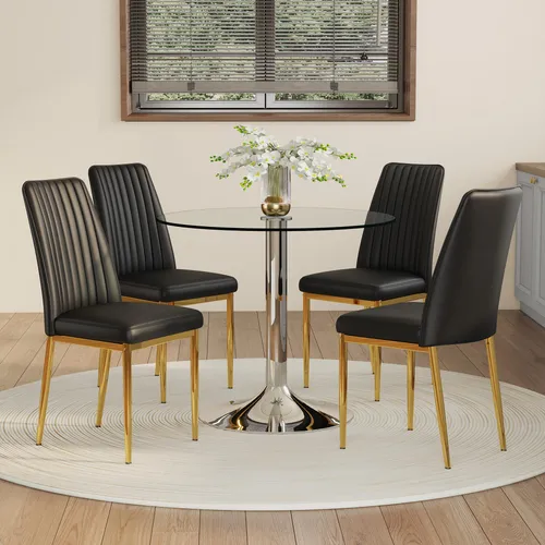STILVORA Esstisch mit 85 cm Sicherheitsglasplatte und 4 Stühlen - Eleganter runder Esstisch mit 85 cm Durchmesser aus klarem Sicherheitsglas, ergänzt von 4 stilvollen Kunstlederstühlen in Schwarz. Ideal für moderne Wohn- und Essbereiche, pflegeleicht und optisch raumvergrößernd.