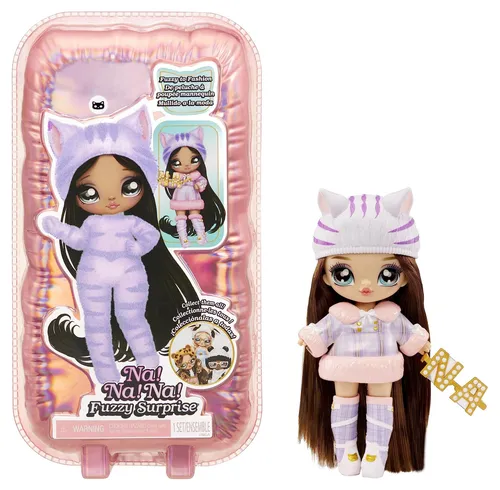 Na! Na! Na! Surprise Fuzzy Surprise Serie 1 - Catie CAT - 18cm posierbare Modepuppe - von Katzen inspiriert mit beflocktem Körper, Beanie, Brille, Outfit und Schuhen - Spielzeug für Kinder ab 4 Jahren