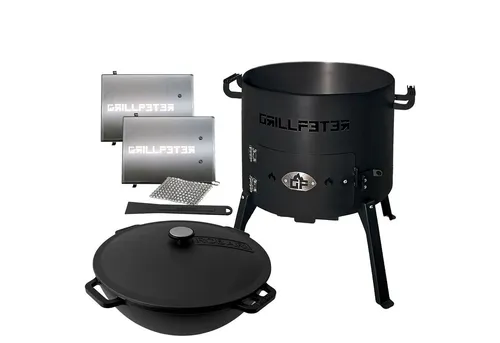 Grillpeter Holzkohlegrill Utschak Nurlan Ø40 cm - Grill für traditionelle Gerichte im Kazan aus Gusseisen, inklusive Ablageset und Reinigungszubehör. Ideal für authentisches Kochen im Freien.