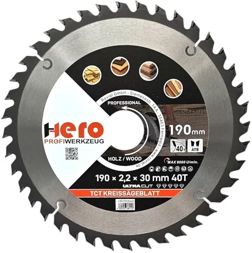 HERO Kreissägeblatt 190 x 30/20 mm 40 Zähne Hartmetall Sägeblatt TCT Ersatzsägeblatt für Holzbearbeitung Weich & Hartholz, Nichteisenmetalle Universal Handsäge, Gehrungssäge, Tischkreissäge, Kappsäge