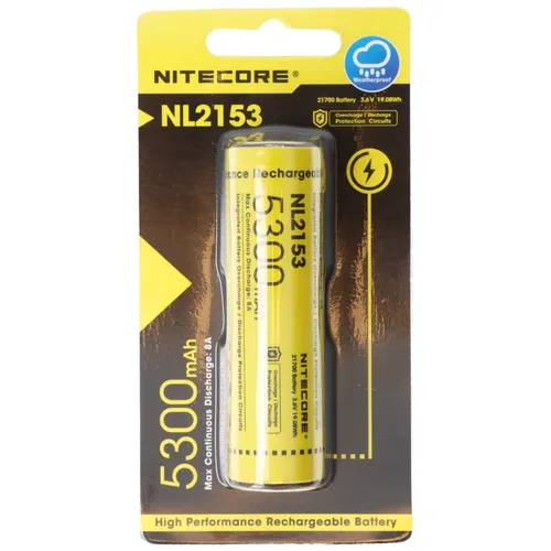 Nitecore Li-Ion Akku 21700 5300mAh NL2153 - Hochleistungs-Batterie für anspruchsvolle Anwendungen, mit 5300mAh Kapazität und 8A Entladestrom. Ideal für Geräte mit hohem Strombedarf und ausgestattet mit umfassenden Sicherheitsfunktionen.