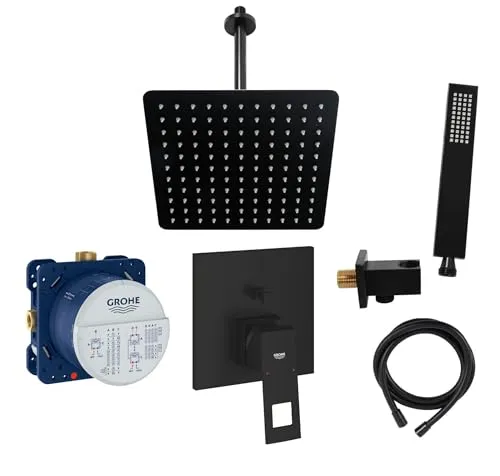 vanvilla Duschsystem mit Grohe Eurocube Einhandmischer - Badewannen- & Duschsysteme mit hochwertigem 25x25 cm Duschkopf und eleganter schwarz matt Optik, perfekt für moderne Badezimmer.
