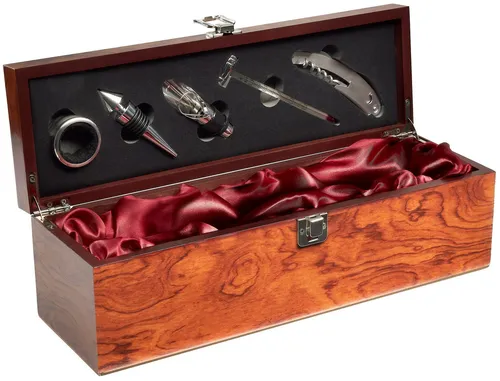 BRUBAKER 6-in-1 Barzubehör Kit - Sommelier Set mit edler Weinkiste - Sommelier-Sets mit hochwertigem Zubehör für den perfekten Weingenuss: Ausgießer, Flaschenstopfen und Thermometer in eleganter Holzbox - das ideale Geschenk für Weinliebhaber.