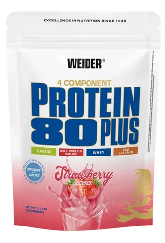 Weider Protein 80 Plus - 500g Beutel Strawberry - Sportnahrung mit Mehr-Komponenten Protein, reich an BCAA's für Muskelaufbau und Regeneration, erhältlich in köstlichem Strawberry Geschmack.