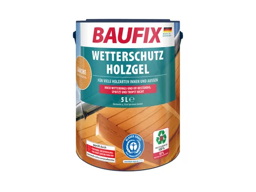 Baufix Holzlasur Wetterschutz-Holzgel, 5,0l - Wetterfest für Innen & Außen - Versiegelung & Fleckenentferner, spritz- und tropffrei mit gelartiger Konsistenz. Ideal für Holzhäuser, Carports und Zäune. Betont die Holzmaserung und schützt vor Witterungseinflüssen.