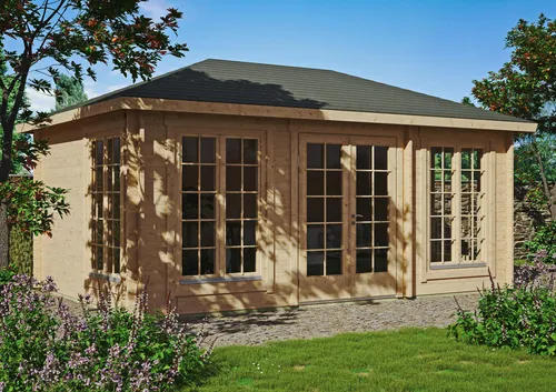 Gartenhaus Modell Porto 44 B – Stabil und geräumig - Massives Gartenhaus aus 44mm nordischer Fichte mit extra hoher Doppeltür und robustem Dach. Ideal für vielseitige Nutzung im Garten, inklusive hochwertiger Fenster mit Dreh/Kipp-Funktion.