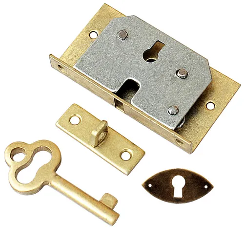 Einlass-Schatullenschloss mit Schild in Alt Messing - Robustes Schatullenschloss aus Stahl, ideal für Schatullen, mit edler Alt Messing-Oberfläche für einen klassischen Look.
