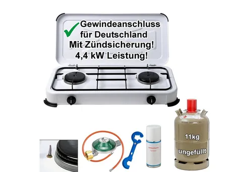 BlueCraft Gaskocher 2-flammig mit Zündsicherung - Kocher mit 4400 W Leistung, inklusive 100 cm Gasschlauch und 50 mbar Gasregler, ideal für Camping und Outdoor-Aktivitäten.