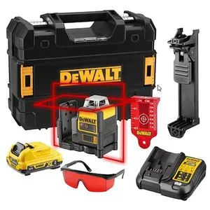 DeWalt Kreuzlinienlaser DCE0811D1R-QW, selbstnivellierend mit 2 x 360° - Messgeräte, ideal für präzise Nivellierarbeiten mit selbstnivellierendem Laser, inkl. Koffer, Akku und Wandhalterung, IP65 staub- und spritzwassergeschützt.