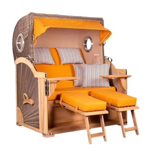 MR. DEKO Strandkorb Baltikum Teakholz XL Volllieger – Komfortabler Strandstuhl mit 4 Kissen - XL Strandkorb aus hochwertigem Teakholz und UV-beständigem Geflecht für Garten und Terrasse. Verstellbare Liegeposition, inklusive zwei schwenkbaren Bistrotischen und komfortabler Polsterung.