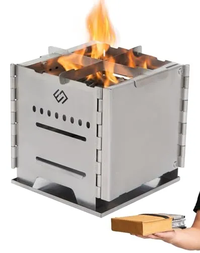 COOK'N'ESCAPE Raketenofen Klein, Camping Holzofen mit Zweitverbrennung | Tragbarer Hobo Kocher mit Titan-Grillplatte, Klappbarer Edelstahl Campingkocher, Multibrennstofffähig für Camping und Wandern