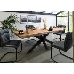Massivmoebel24 Baumkantentisch FREEFORM (180x90x77) - Baumkantentisch aus massivem Mangoholz mit natürlicher Baumkante und markanter Maserung, ideal für einen einzigartigen Industrial Style in Ihrem Esszimmer.