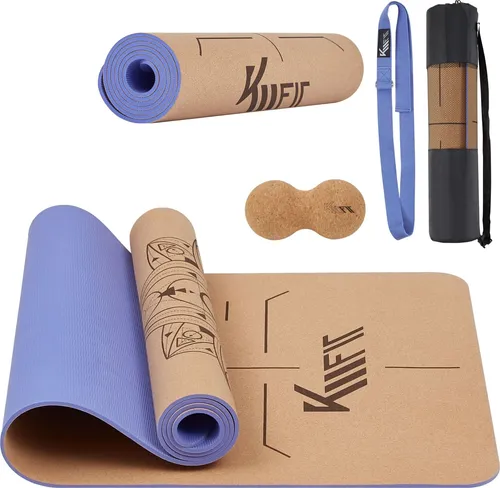 KM - Fit Yogamatte: Extra dicke, rutschfeste Fitnessmatte mit Tasche & Zubehör - Sportmatten für Yoga und Pilates – Diese nachhaltige, rutschfeste Yogamatte bietet Komfort, ein integriertes Liniensystem zur Körperausrichtung und wird mit einem Yogagurt sowie einem Faszien Duoball geliefert.