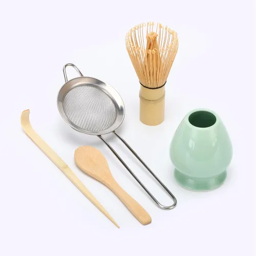 DiDiBirDi Matcha Schneebesen Set, Matcha Schneebesen (Chasen), traditionelle Schaufel (Chashaku), Edelstahl Sieb, Teelöffel, Keramik Halter (5pcs)