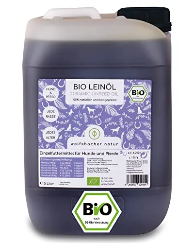 Wolfsbacher Natur Bio Leinöl 5l – Hochwertiges Leinöl für Tiere - Hochwertiges Leinöl, kaltgepresst aus Deutschland. Ideal für die Unterstützung einer ausgewogenen Ernährung bei Tieren. 100% biozertifiziert und vegan, ohne künstliche Zusätze.