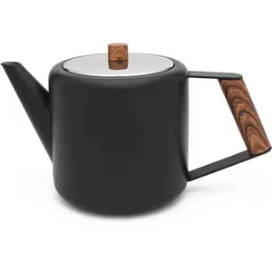 Bredemeijer Tee-Kanne Boston - doppelwandige Edelstahlkanne, 1,1 l, stilvolles matt schwarz mit Holzlook-Details und tropffreiem Einschenken
