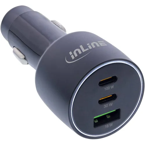 InLine USB KFZ Stromadapter Power Delivery - KFZ Einbau mit 2x USB-C und QC 3.0 USB-A, ideal für schnelles Laden von Smartphones und Laptops mit bis zu 100W Leistung.